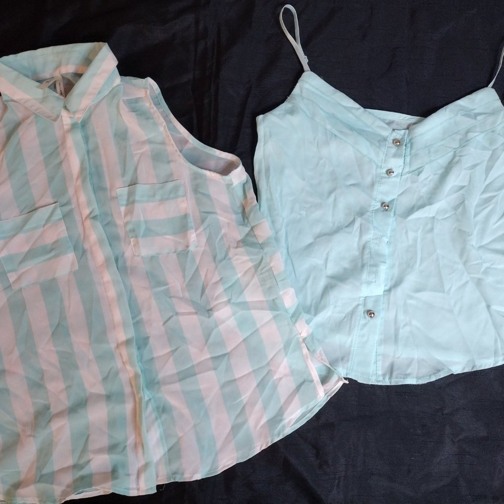 LOT OF 2 - Sheer Beachy teal striped blouse / top Size S